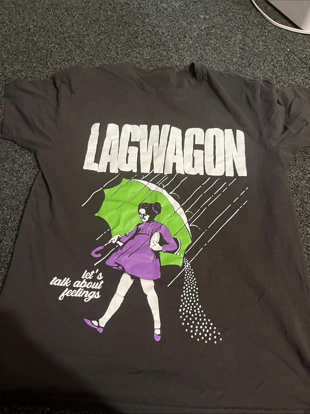 Kids' Black Graphic Tee with Purple Dress & Green Umbrella